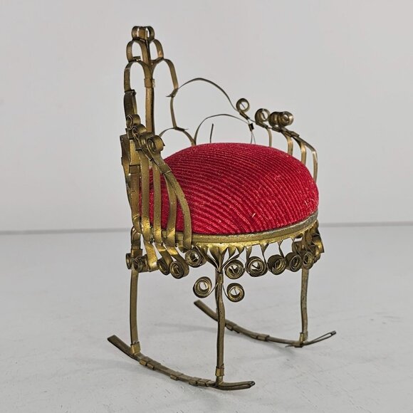 Vintage Pin Cushion Rocking Chair Red Tin Can Folk Tramp Art Dollhouse Kitsch - Picture 2 of 8